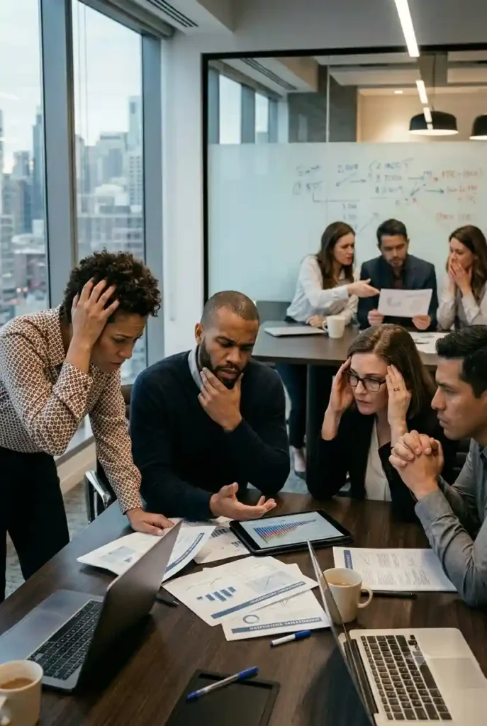 Equipo de profesionales preocupados analizando informes y gráficos en una sala de juntas