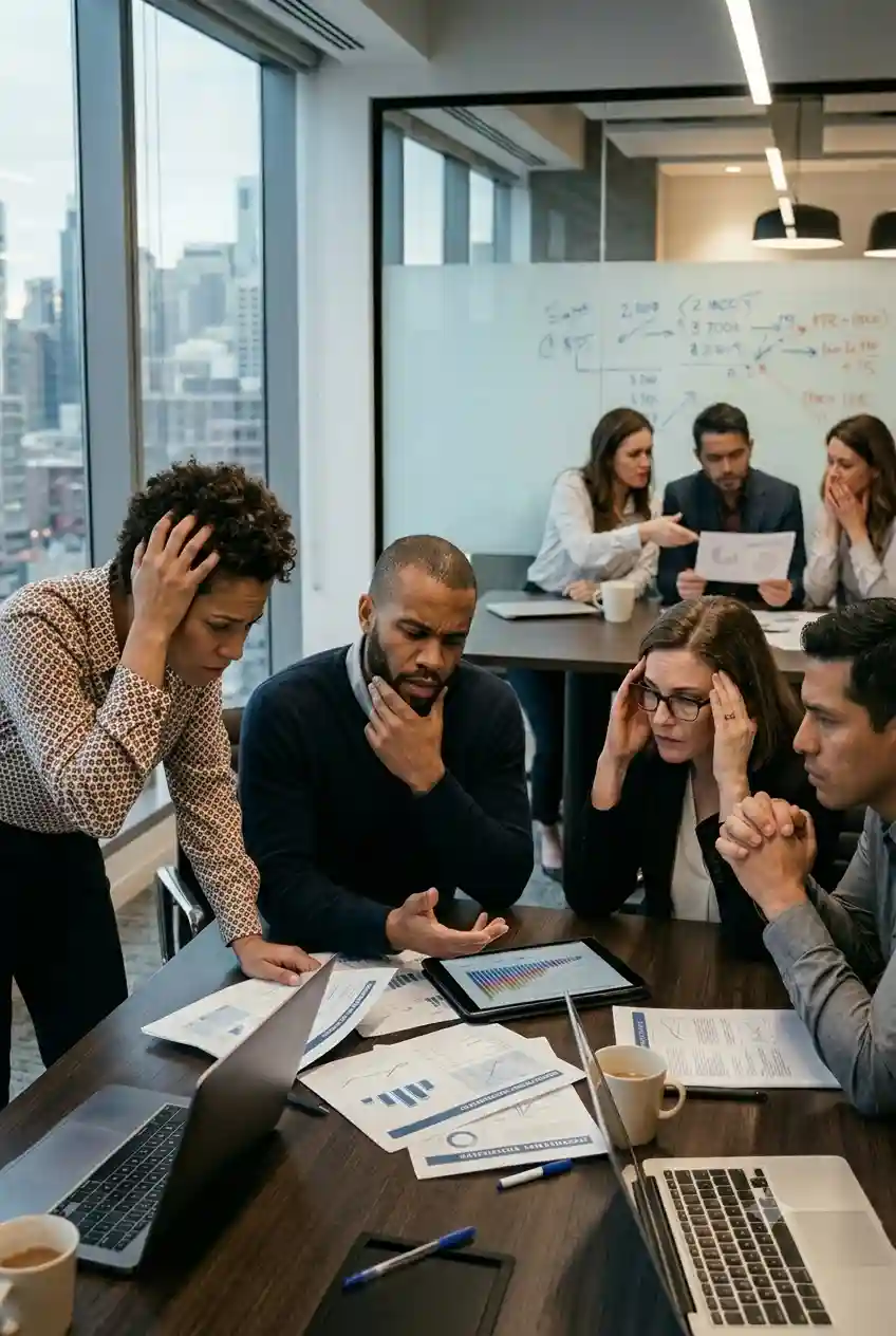 Equipo corporativo de profesionales reunidos en una sala de juntas, mostrando rostros de preocupación y frustración mientras analizan informes y gráficos sobre la mesa.